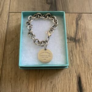 Please Return to Tiffany & Co Round Dangle Tag Charm Bracelet 7” Sterling Silver